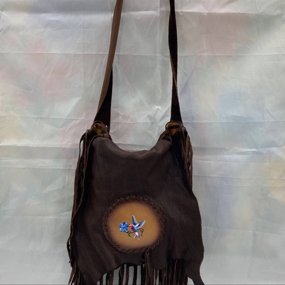 Signed Handcrafted native american leather fringe bag painted hummingbird OOaK - Picture 4 of 12